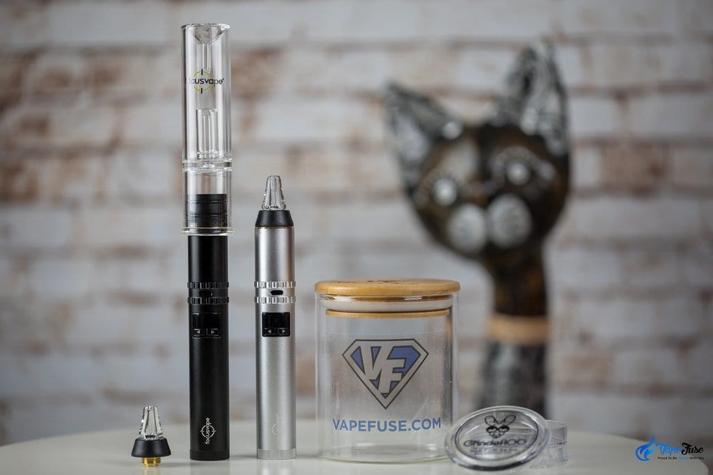 FocusVape Pro S in Black and Silver with and without water bubbler and VapeFuse Herb Curing Jar