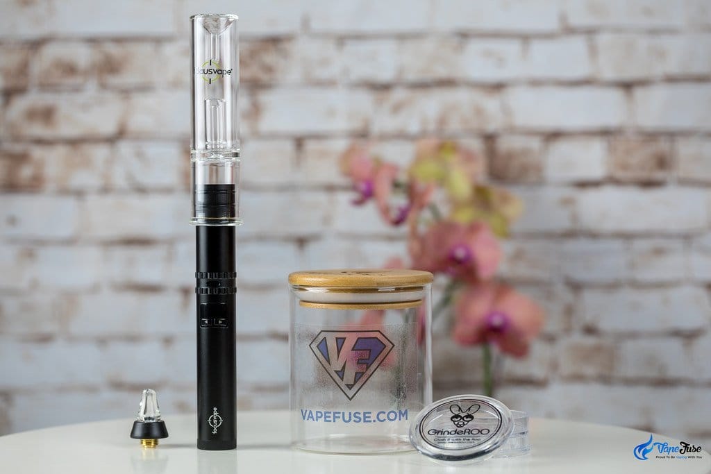 Black FocusVape Pro S with water bubbler and glass mouthpiece off plus VapeFuse Jar and GrindeROO